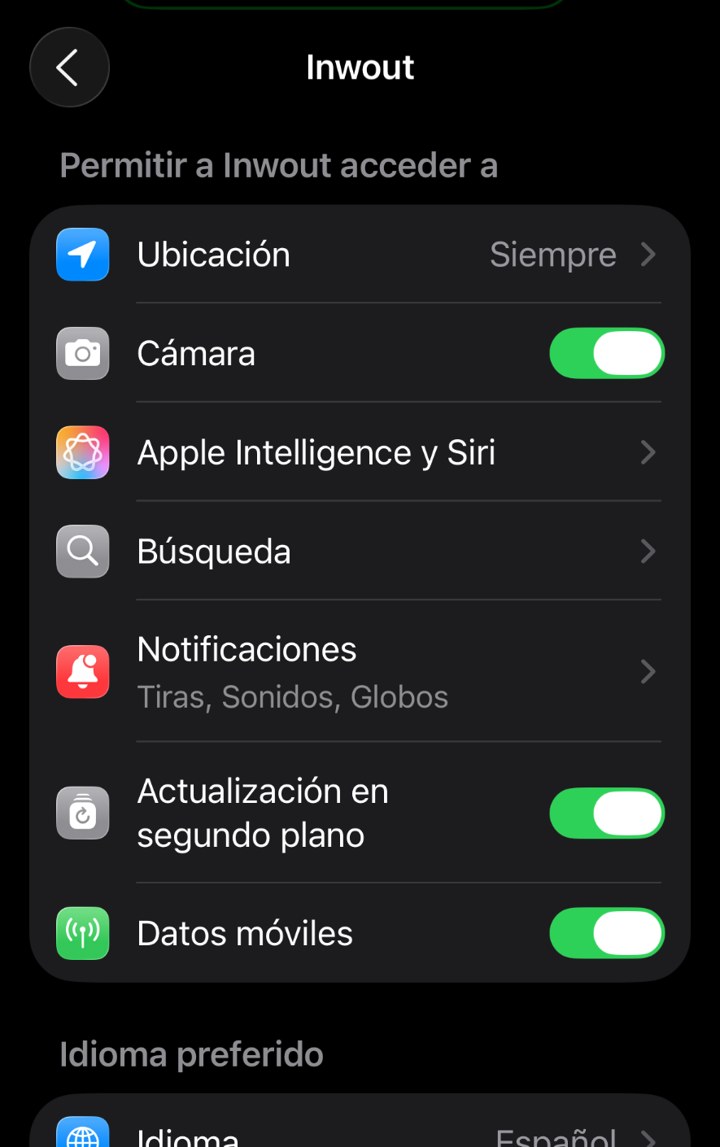 Ajustes de la aplicación INWOUT en iPhone