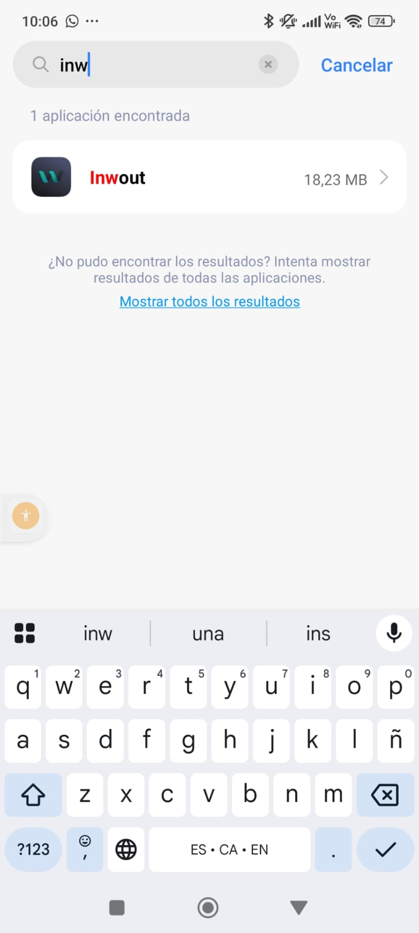 Buscador de aplicaciones Android con INWOUT como resultado
