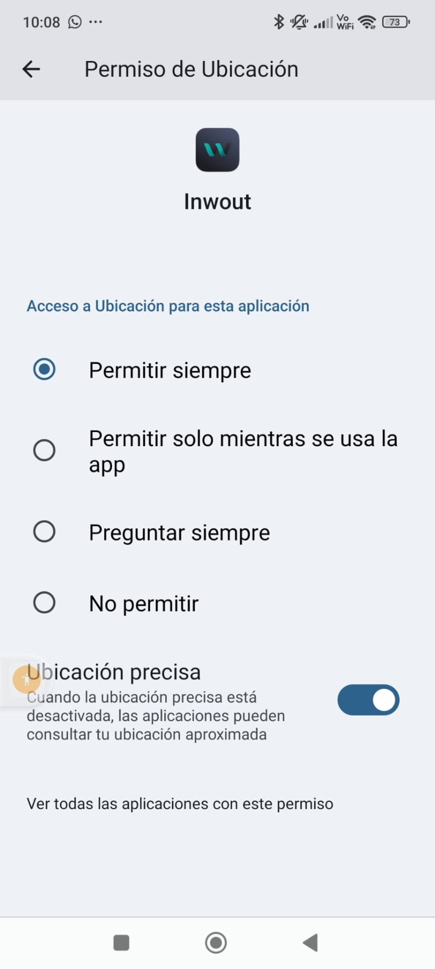 Permiso de ubicación de INWOUT configurado como Permitir siempre y con ubicación precisa