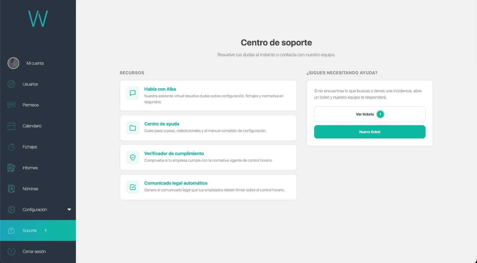 Centro de soporte de INWOUT: menú lateral con el apartado Soporte y recursos rápidos como Habla con Alba, Centro de ayuda, Verificador de cumplimiento y Comunicado legal automático.
