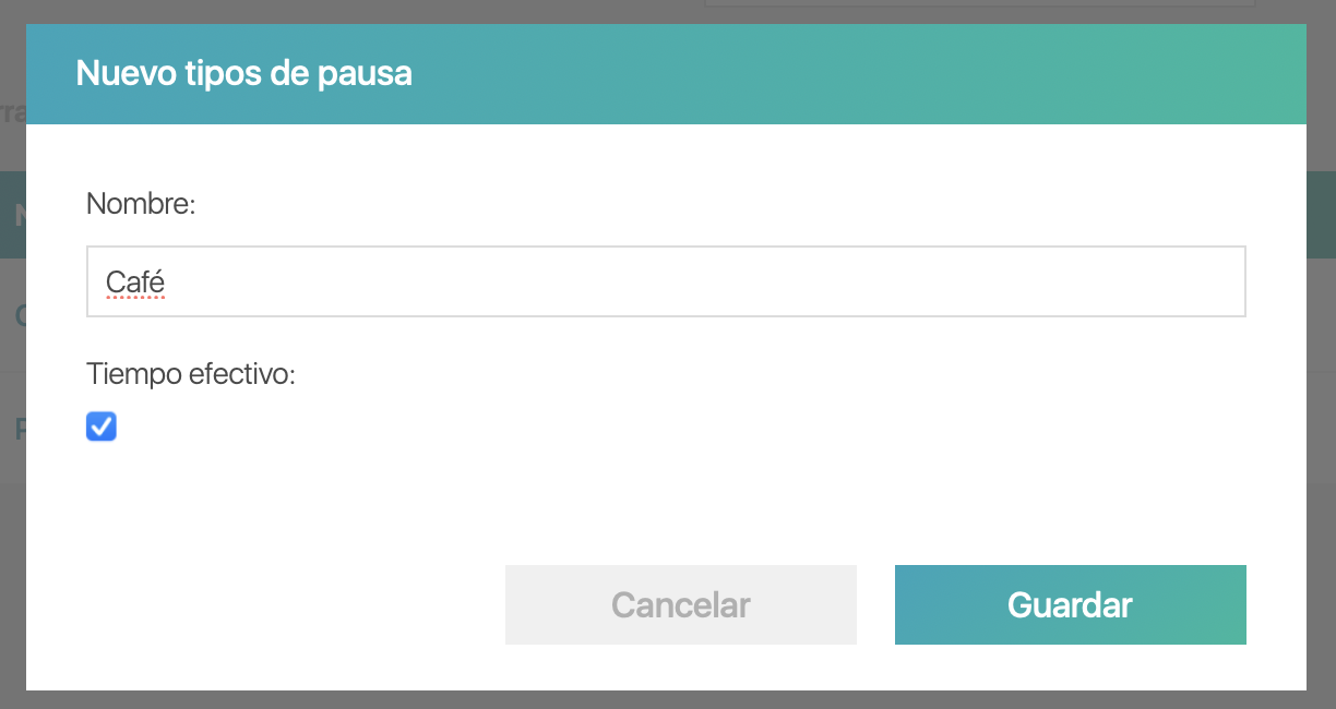 Formulario de creación de nuevo tipo de pausa