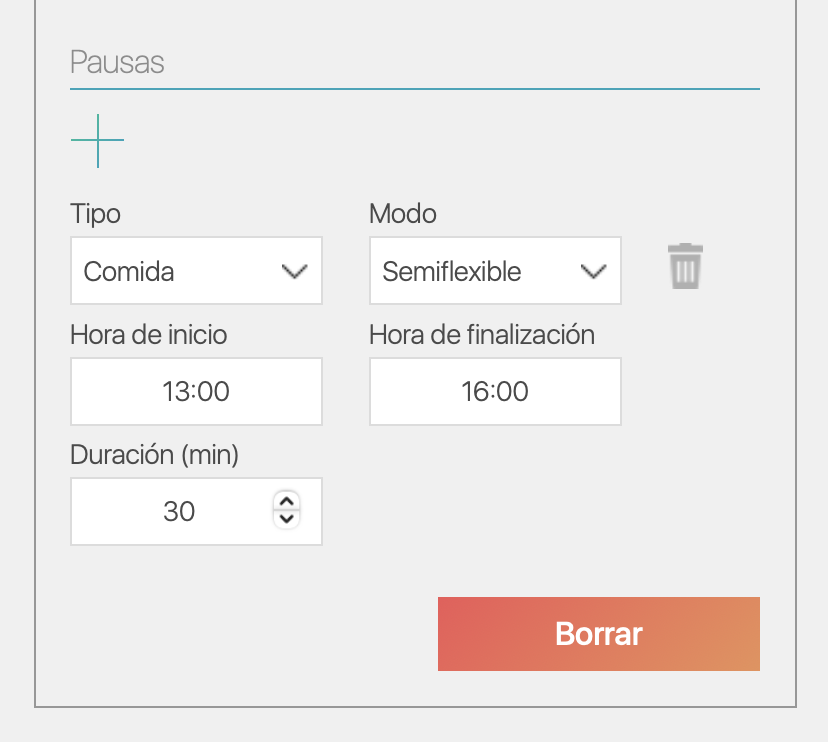 Configuración detallada de pausa en horario