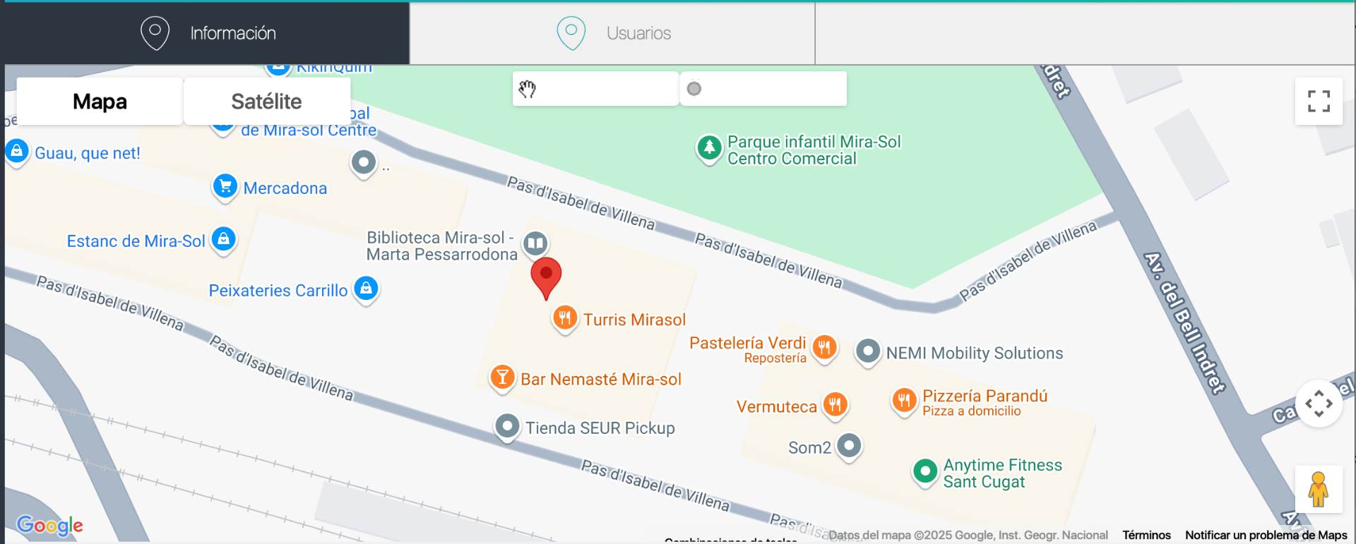 Vista del mapa con centro de trabajo marcado