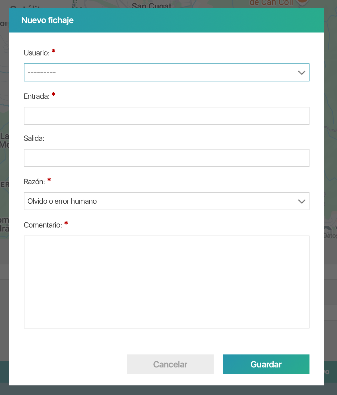 Modal de creación de fichajes