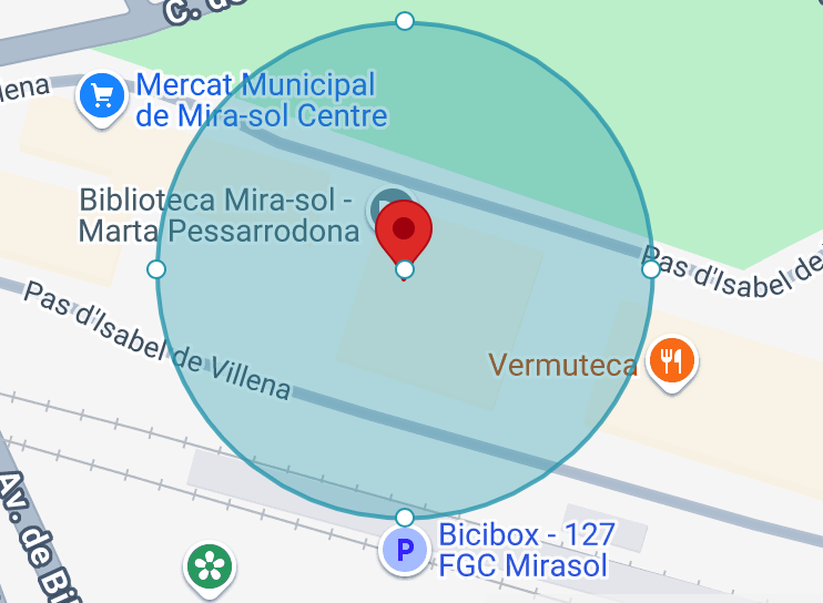 Zona circular del geofence dibujada sobre el mapa con su radio
