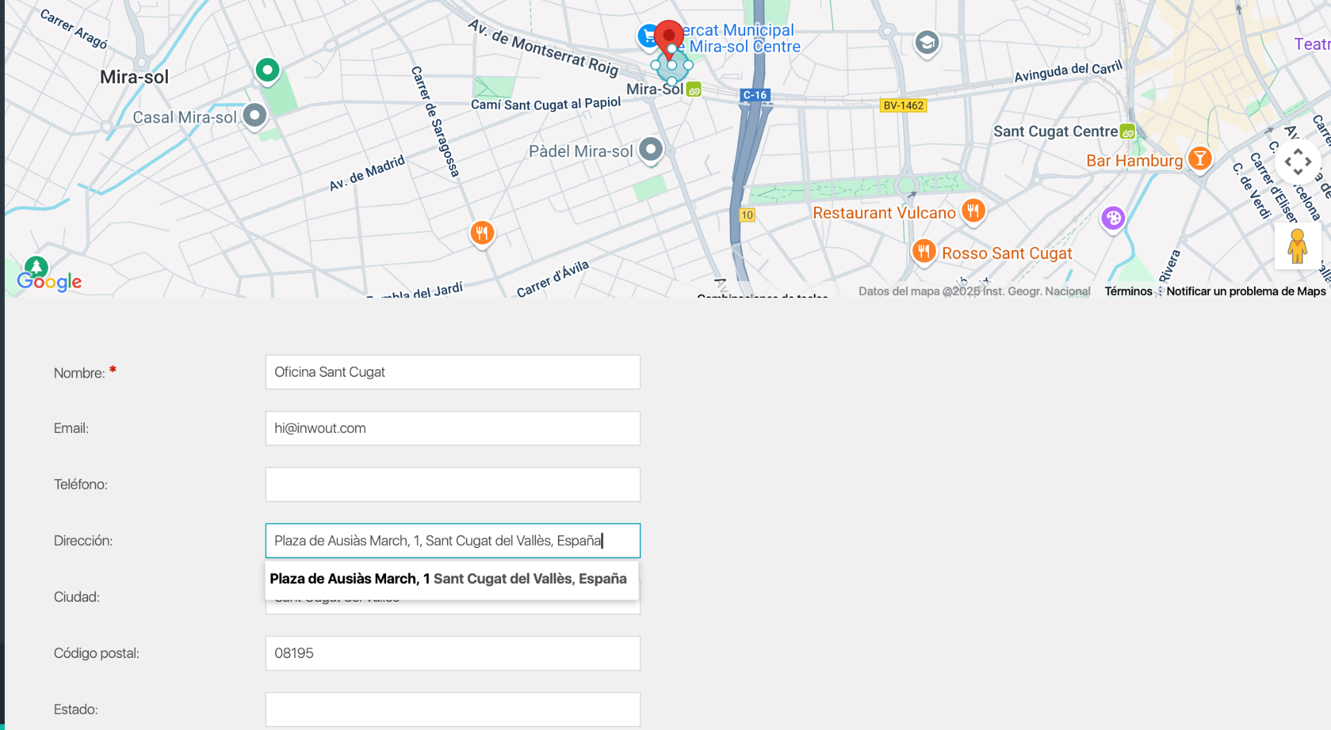 Dirección validada del centro de trabajo y vista del mapa