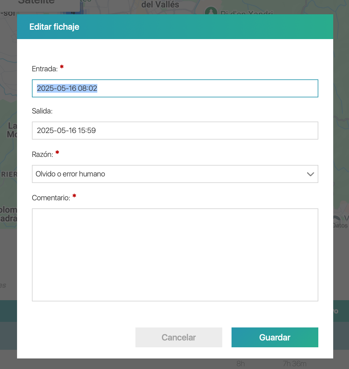 Modal de edición de fichajes