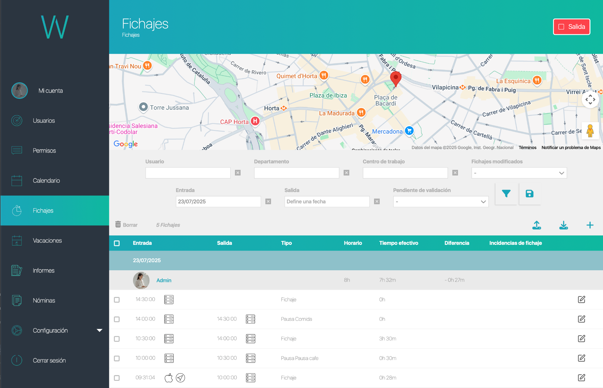 Interfaz principal de gestión de fichajes mostrando mapa de geolocalización y tabla de fichajes