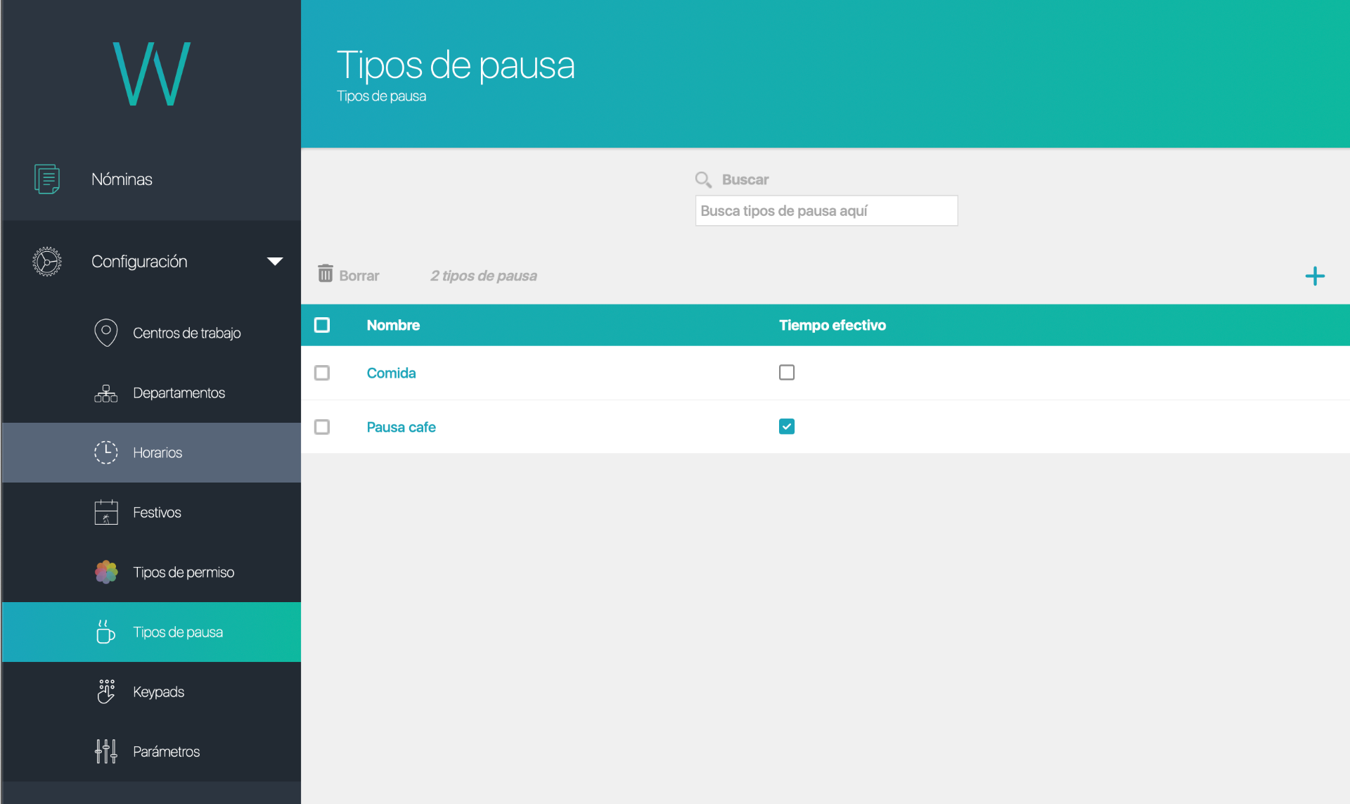 Interfaz de navegación a Tipos de Pausa