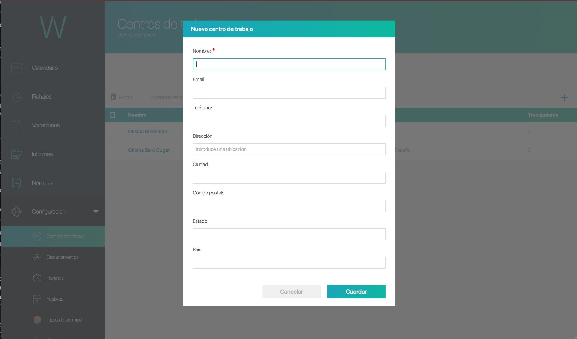 Modal para añadir nuevo centro de trabajo