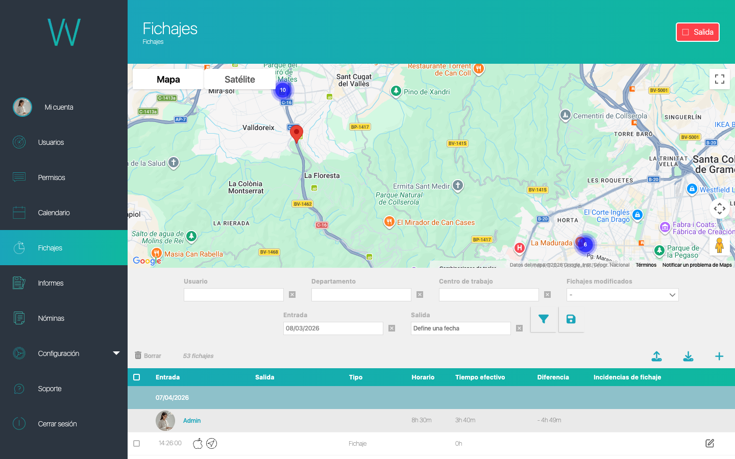 Panel de fichajes con mapa de geolocalización y listado diario