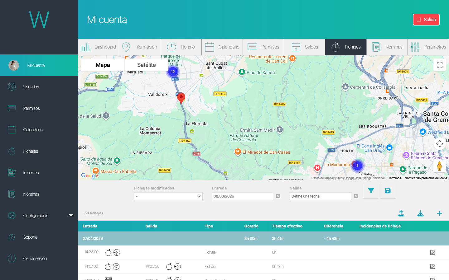 Vista de fichajes del empleado con mapa personal