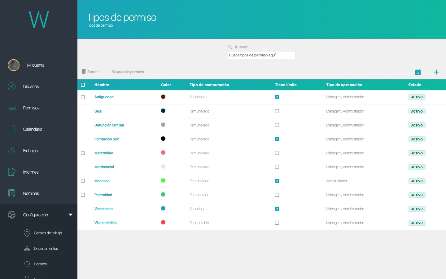 Configuración de tipos de permiso: nombre, color, tipo de computación, límite y aprobación