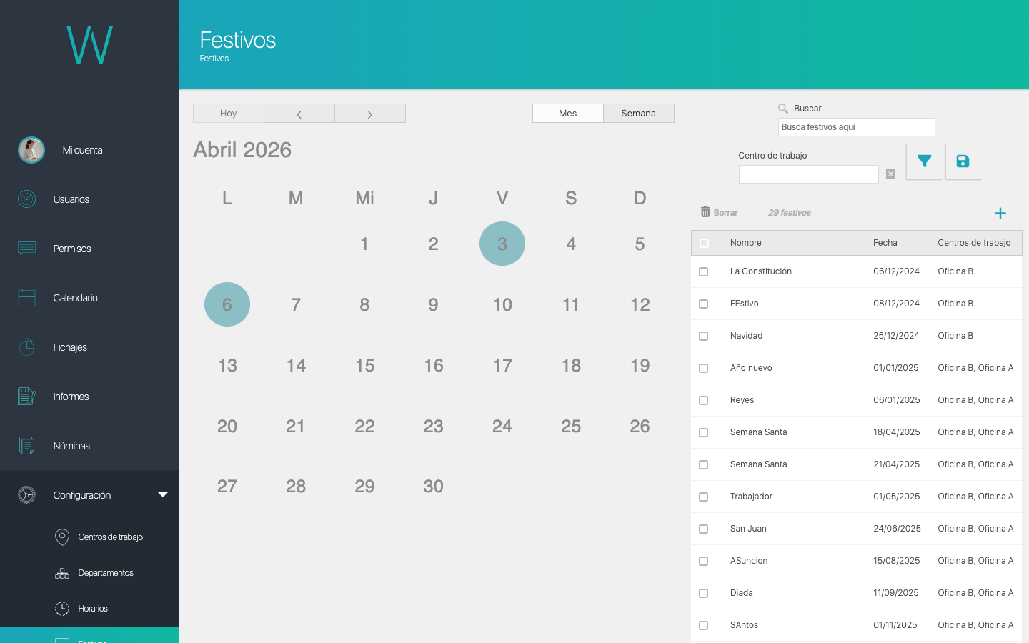 Pantalla de configuración de festivos