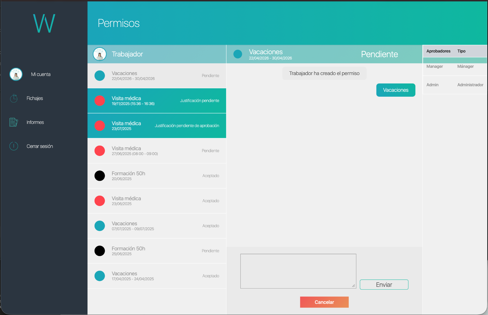 Detalle de un permiso creado por el empleado, mostrando el chat y estado pendiente