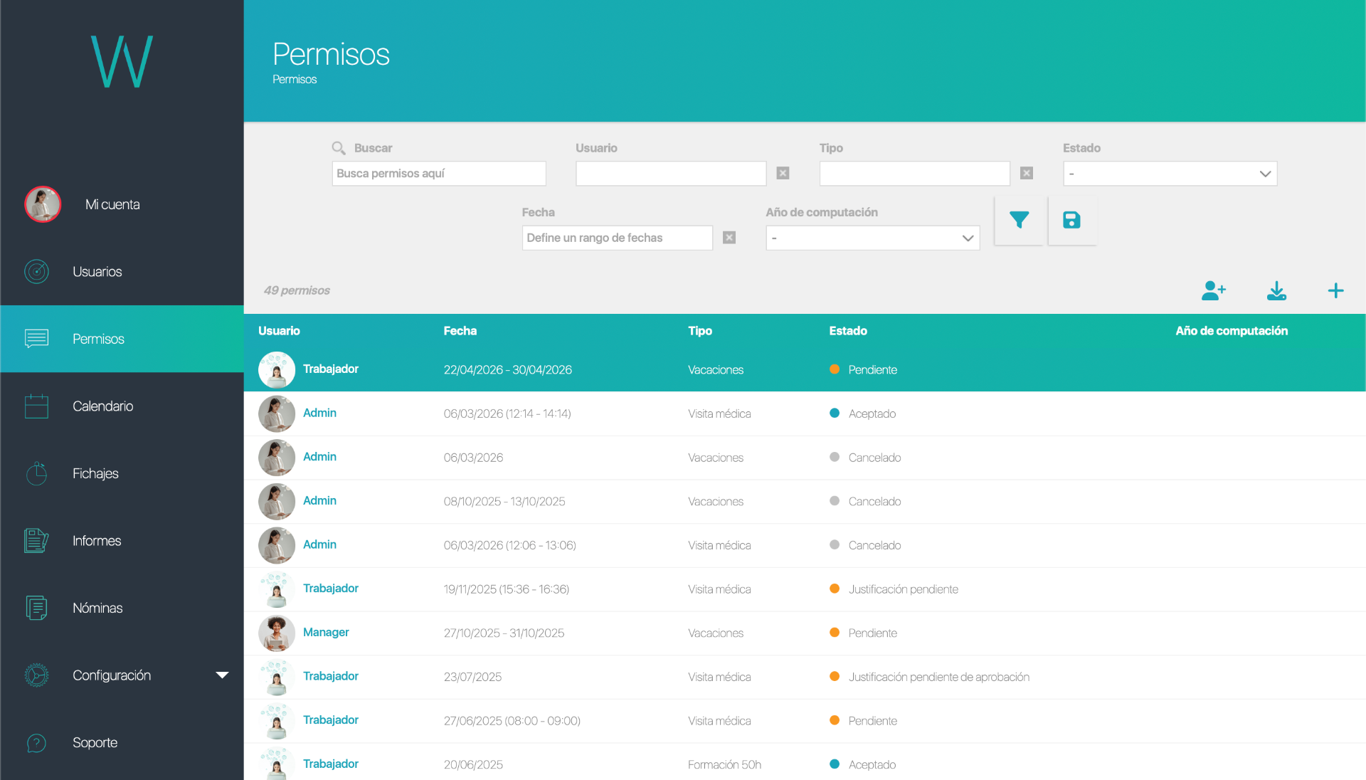 Vista de administrador: listado de todos los permisos con filtros por usuario, tipo, estado, fecha y año de computación
