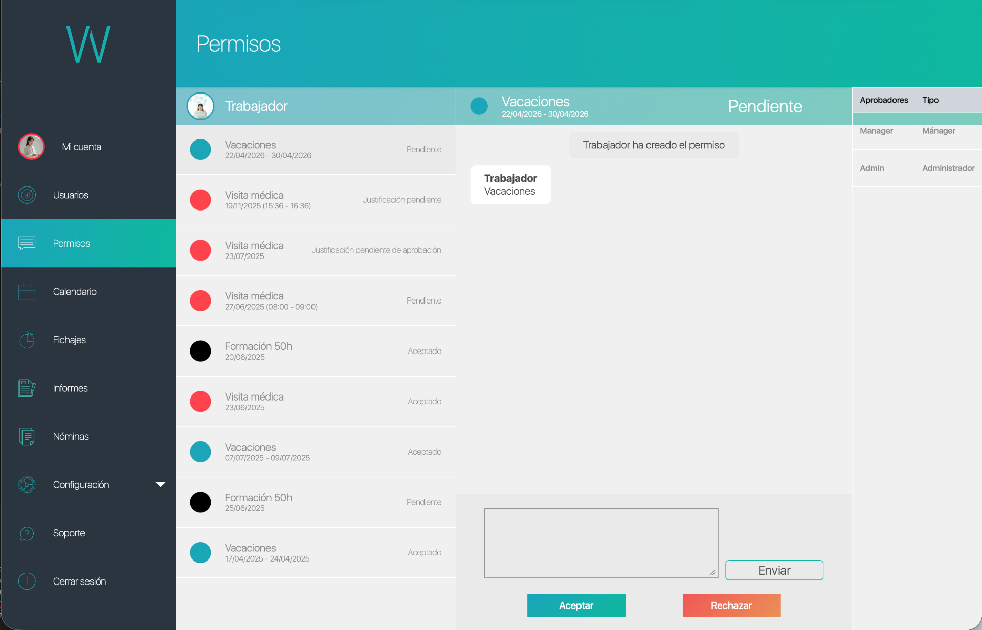 Detalle de permiso visto por el administrador: chat, botones de aceptar/rechazar y lista de aprobadores