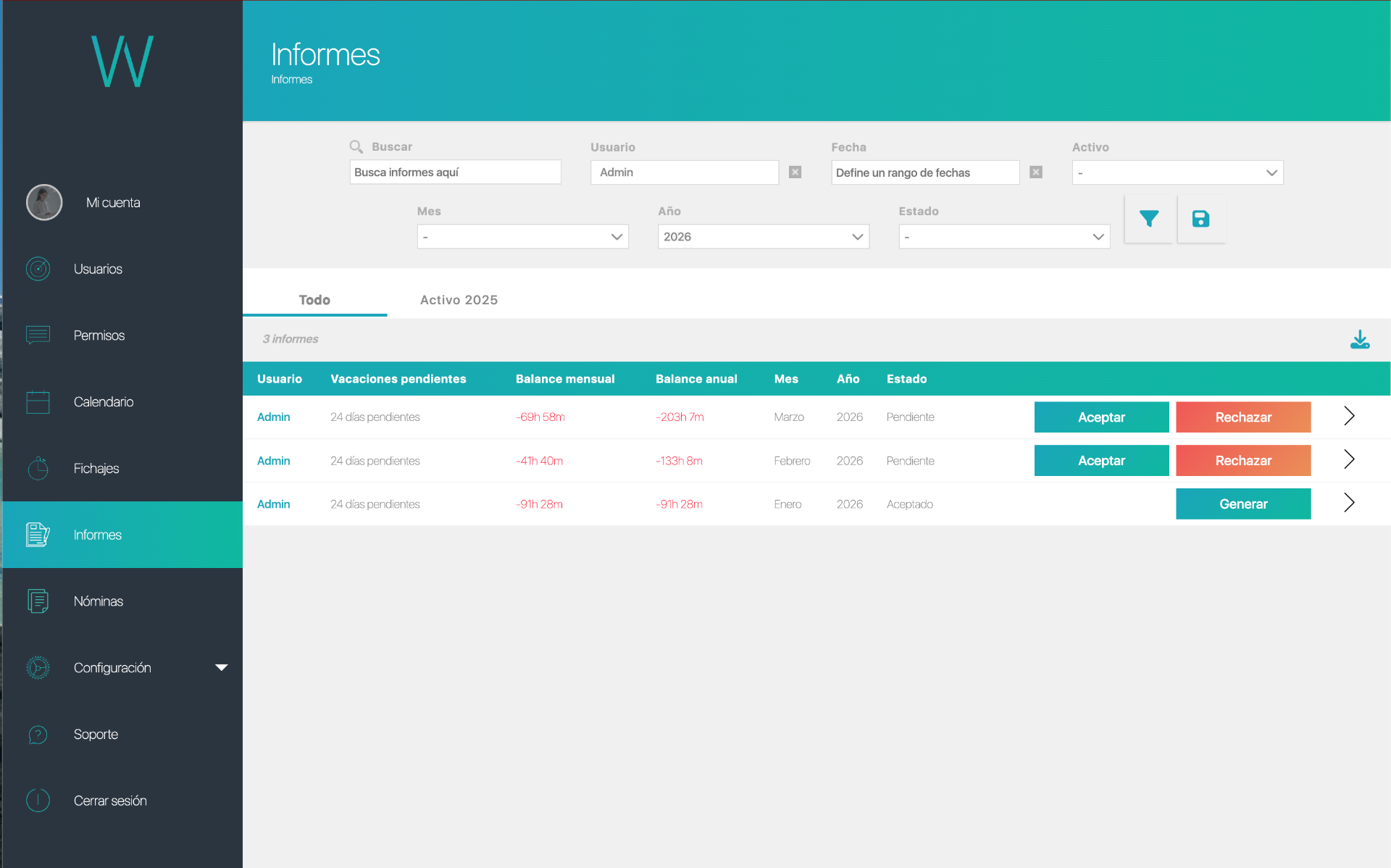 Vista de administrador: panel de informes de horas con filtros y listado