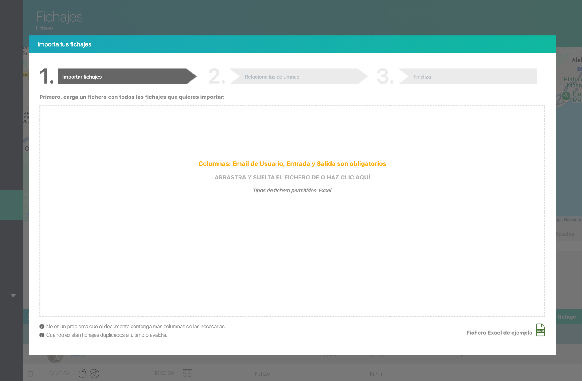 Wizard de importación de fichajes en InWout — Paso 1: Subir archivo