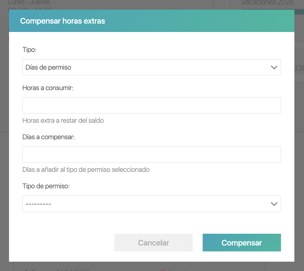 Diálogo de compensación de horas extras con campos tipo, horas, días y permiso