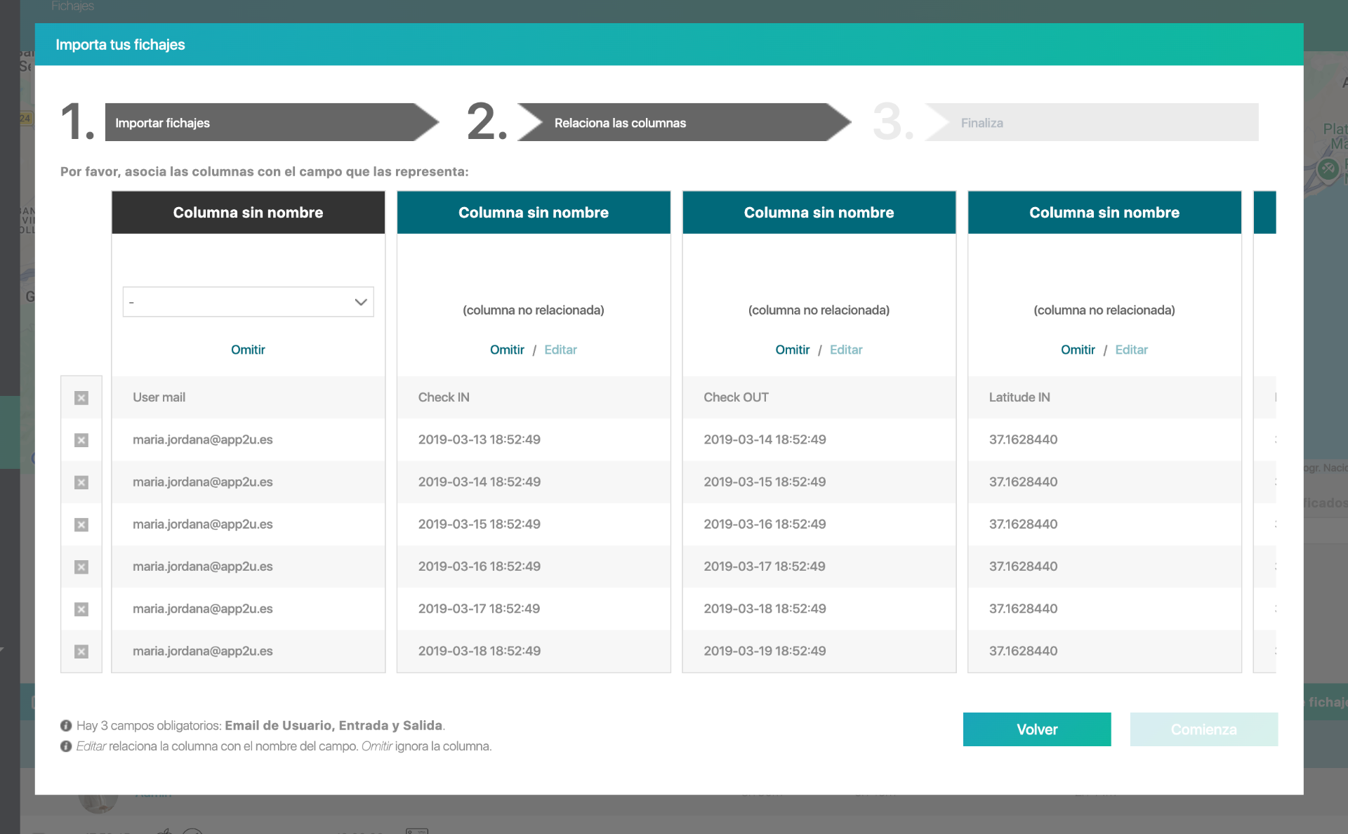 Paso 2 del wizard — Asociar columnas del Excel con los campos de InWout