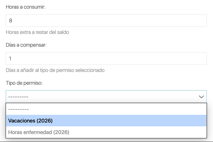 Selector de tipo de permiso destino: Vacaciones, Horas enfermedad