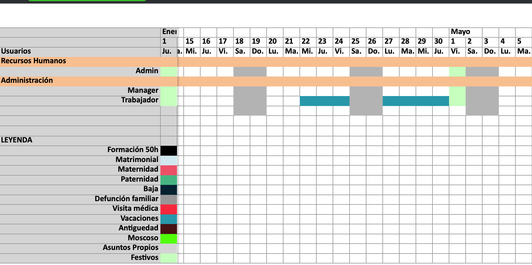 Calendario anual de ausencias con leyenda de tipos de permisos por colores
