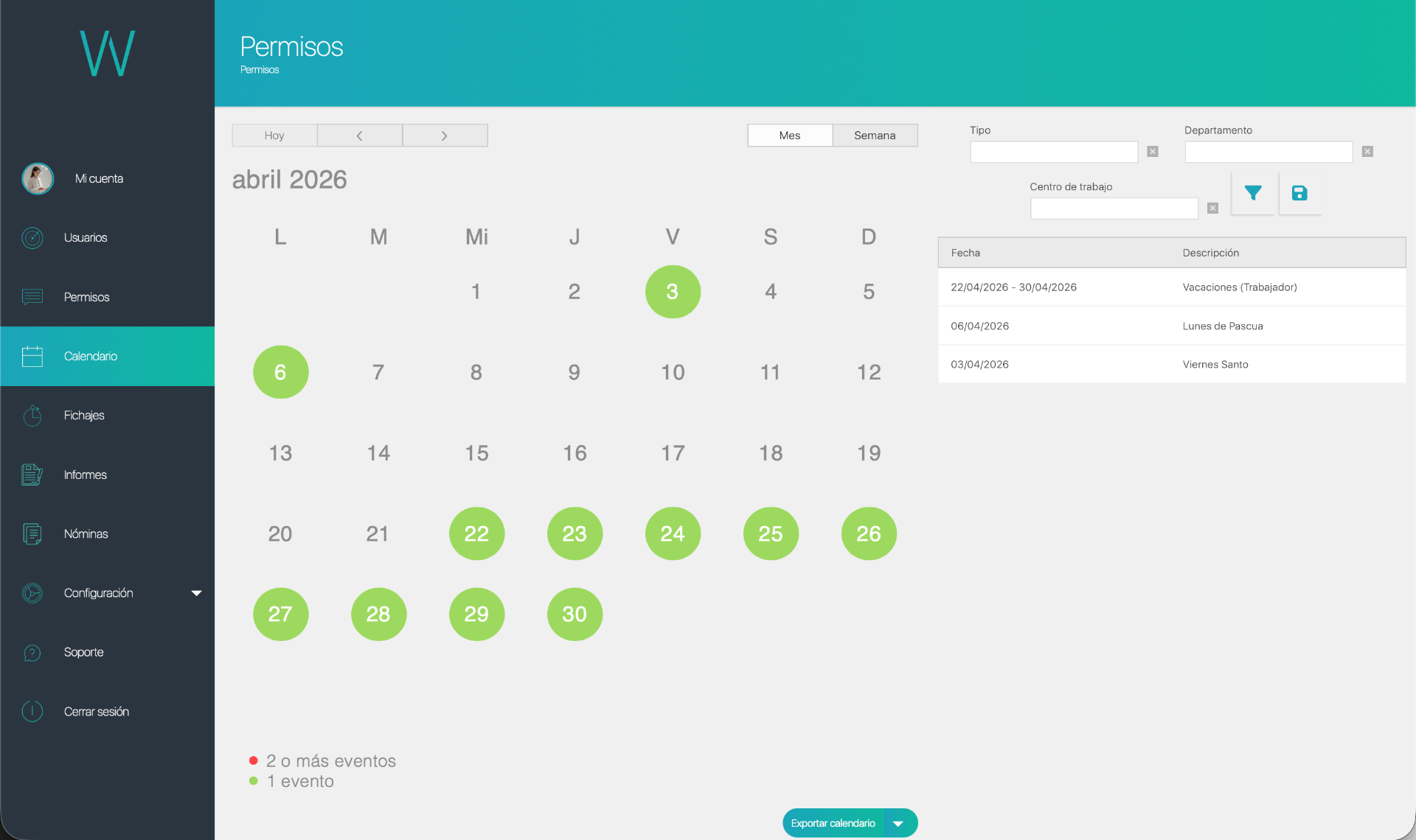 Vista mensual del calendario de asistencia en INWOUT mostrando permisos y festivos