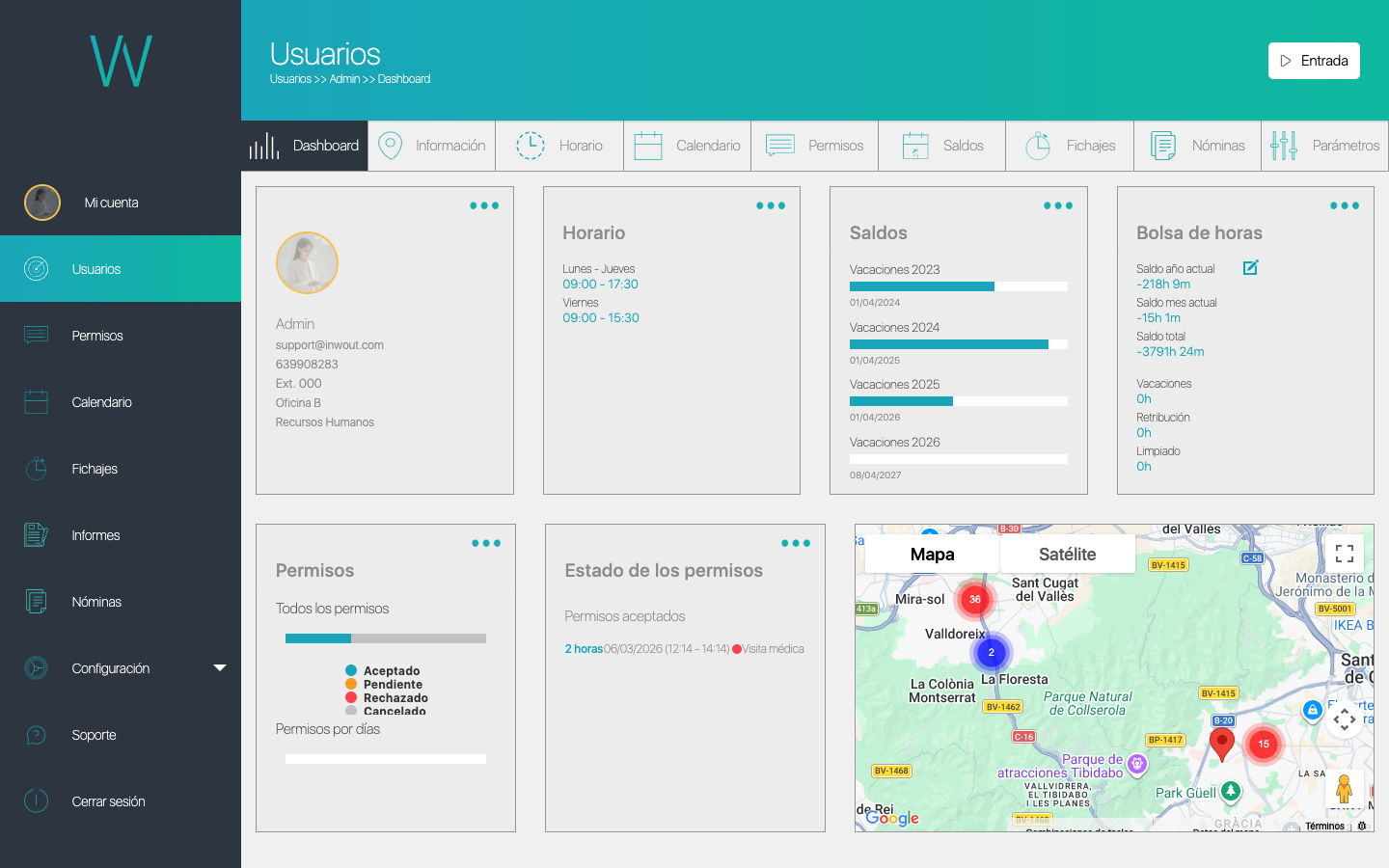 Dashboard de INWOUT: botones de fichaje en la esquina superior derecha, widgets de horario, saldos y mapa