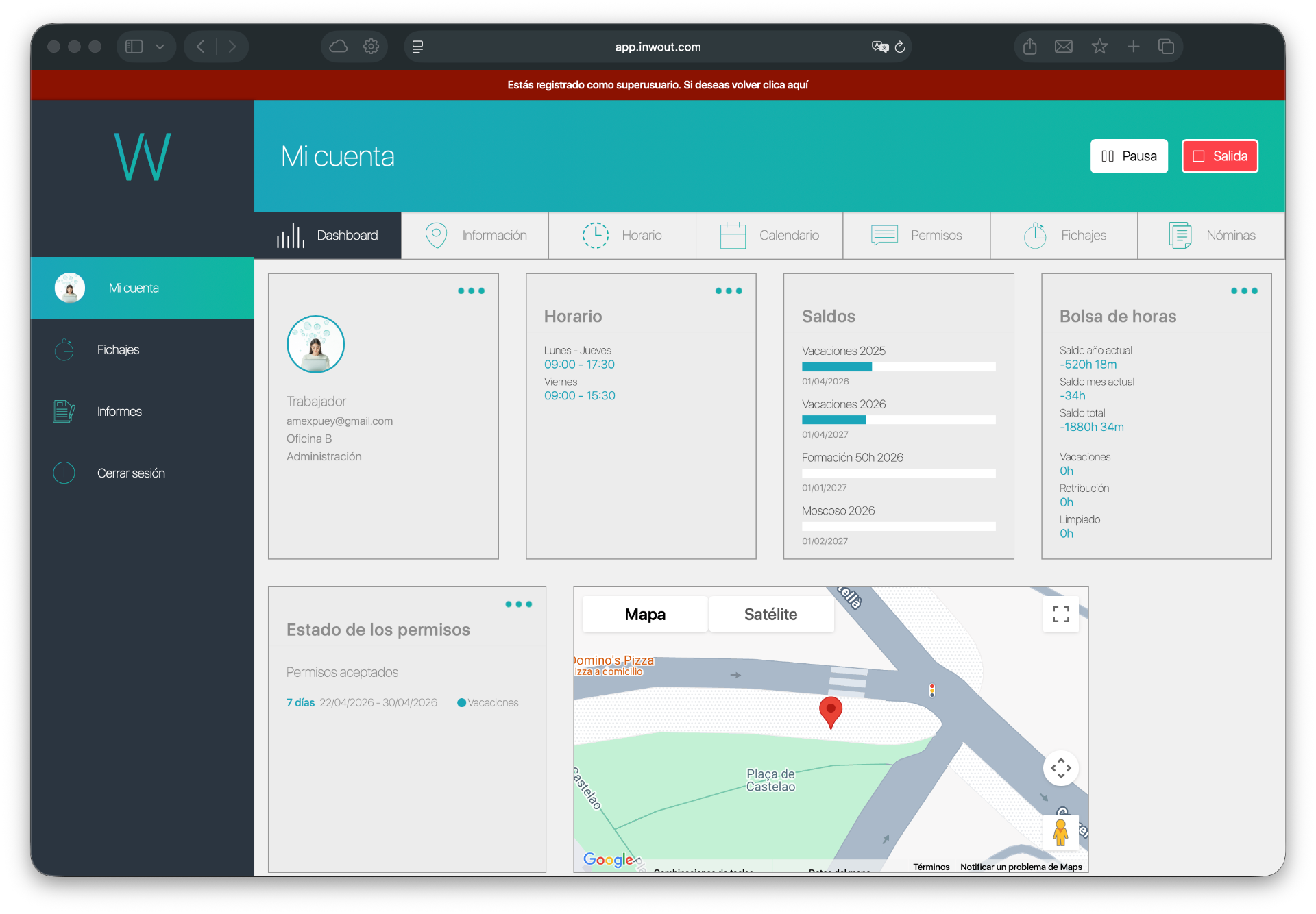 Dashboard del empleado en app.inwout.com mostrando los botones de Pausa y Salida en la esquina superior derecha