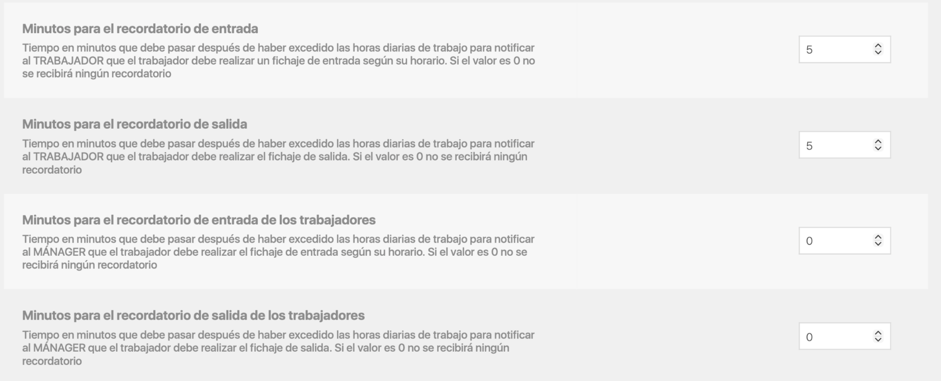 Configuración de recordatorios de entrada y salida para trabajadores y managers