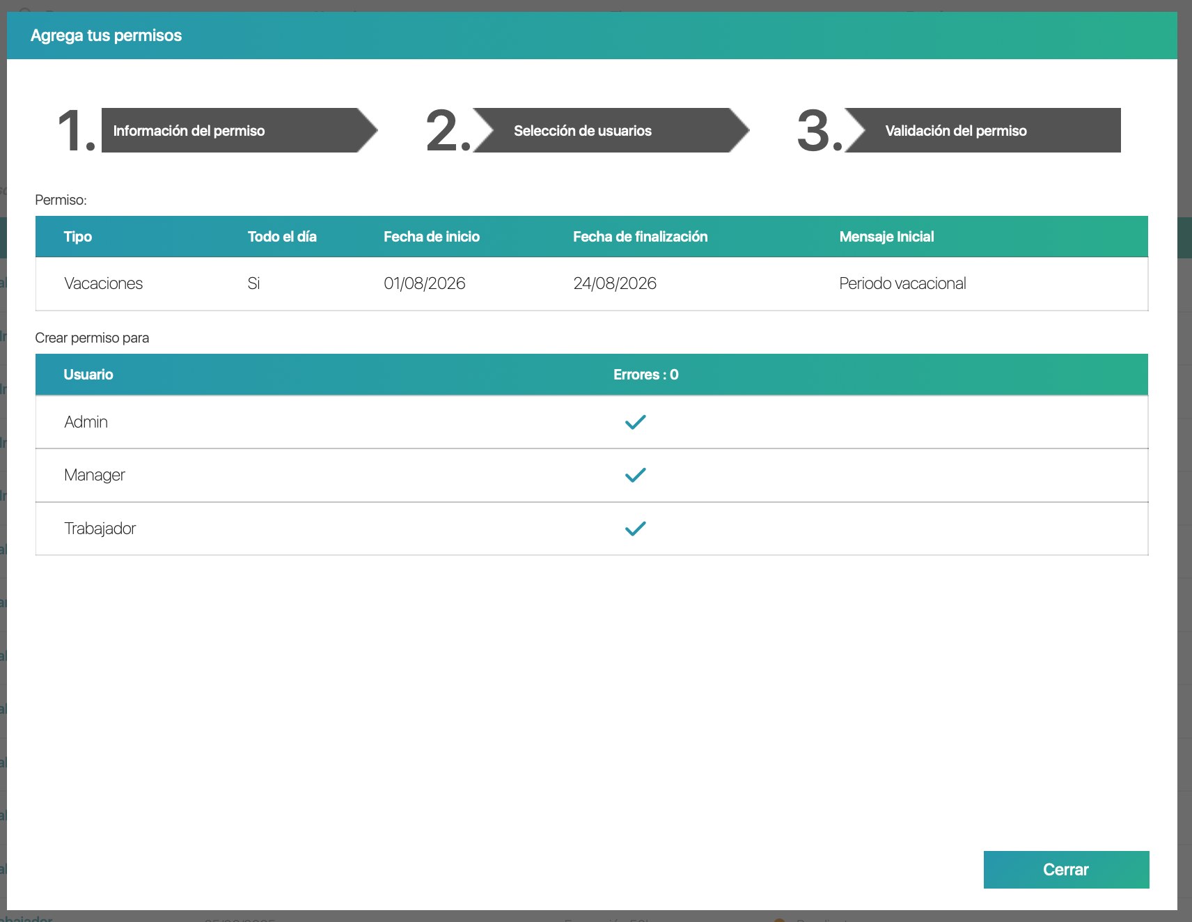 Paso 3: Permisos creados correctamente con checks verdes